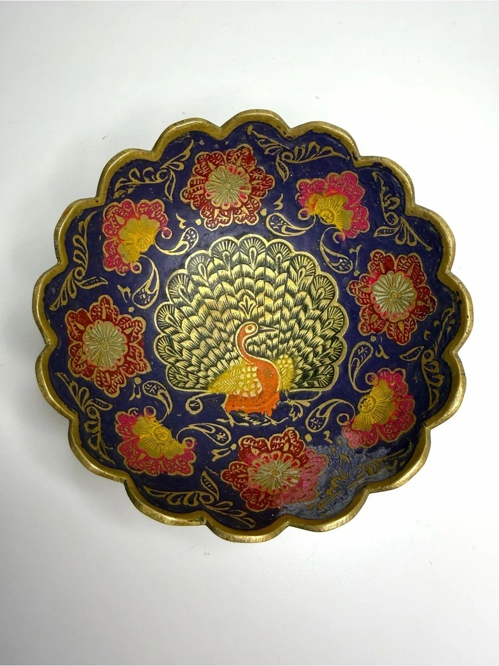 1960s Indian Solid Brass Enameled Peacock Pedestal Bowl / trinket dish